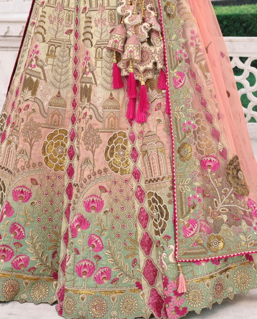 PEACH - Peach & Off-White Fancy Silk Lehenga Choli With Cut Work Embroidery Border & Stone Work